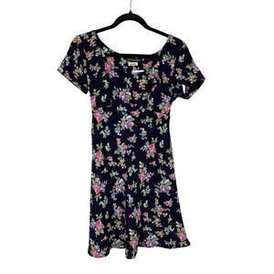 Vintage 90s Mini Babydoll Dress Womens Size Small Navy Blue Floral Tie Waist